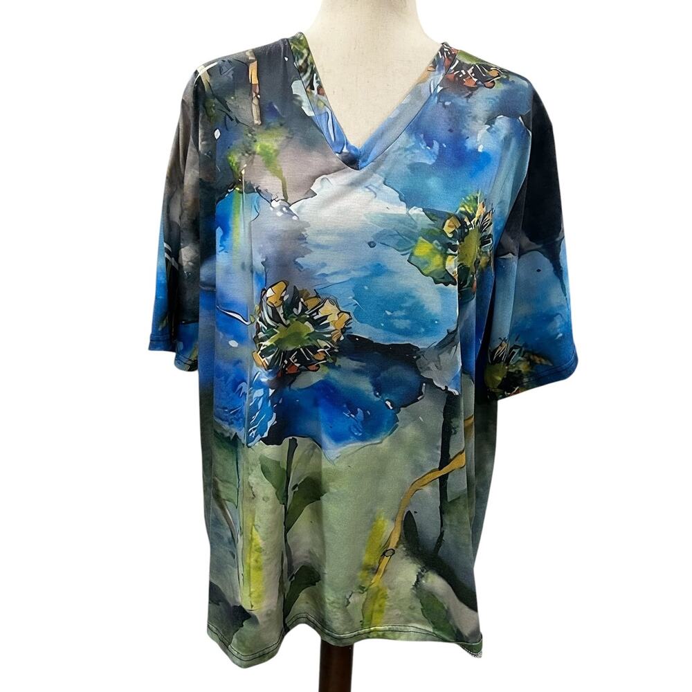 Watercolor Blue Poppy Floral Knit V-Neck Tunic Top Plus Size 3XL EUC